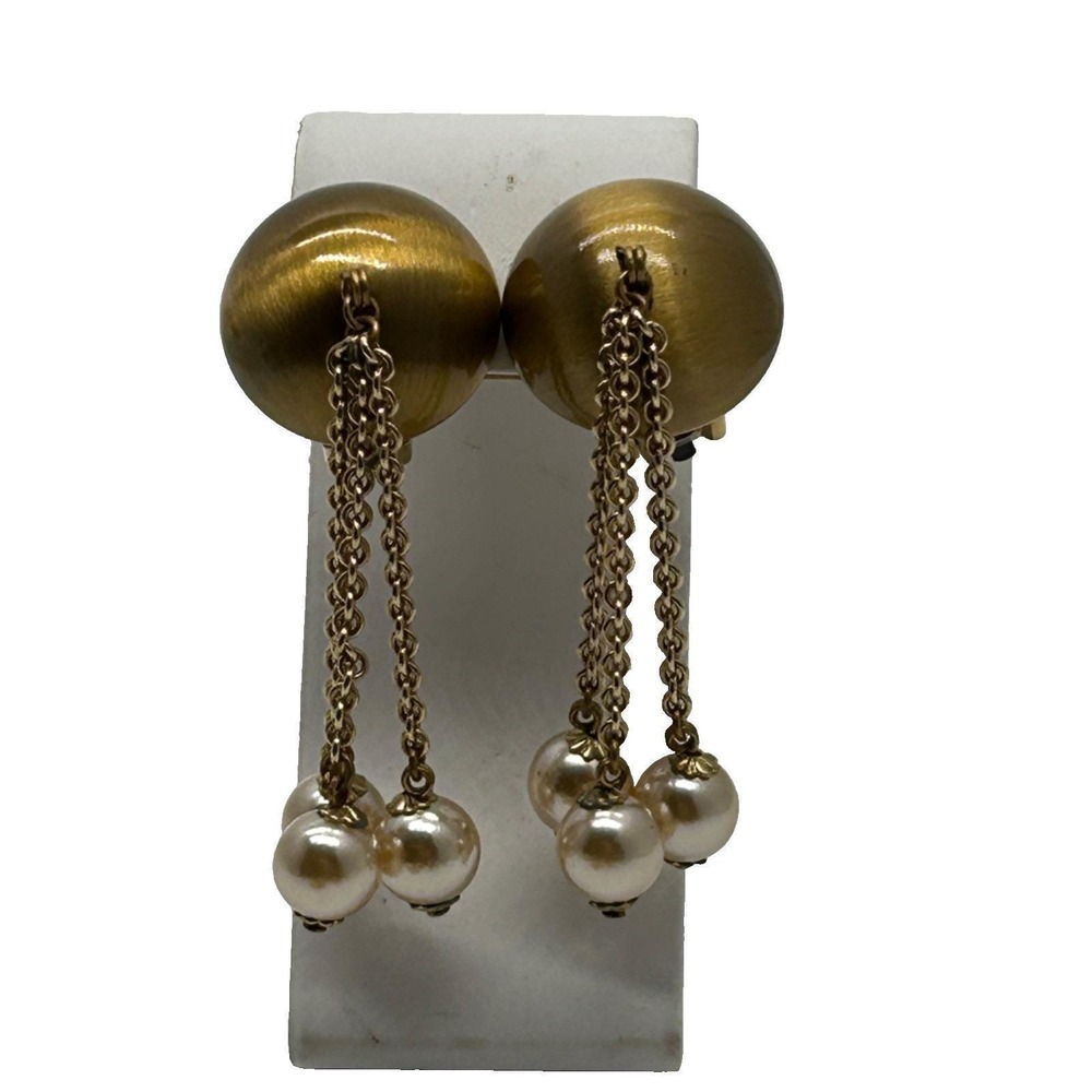 Vtg  HEIDI DAUS for JIM WALTERS Brushed Gold‎ Dangle Pearls Clip On Earrings